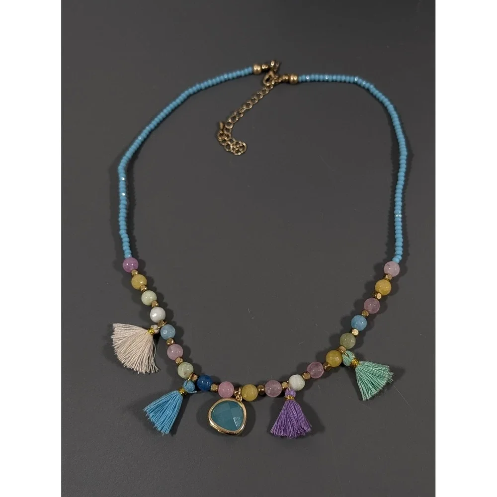 Boho Beachy Tassel Necklace Blue Pink Glass Beads‎ Layered Gold Tone 21 in